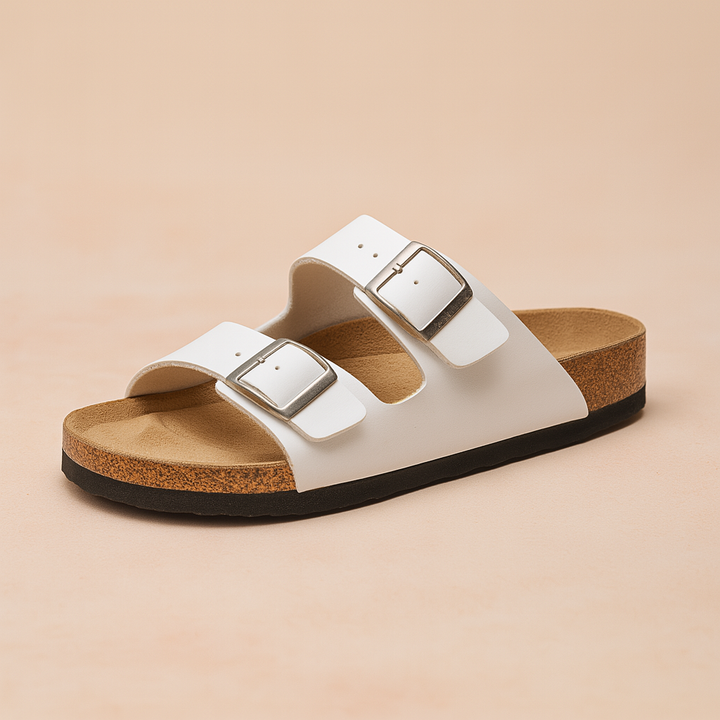Comfortable women's slides featuring stylish double buckles; excellent for warm weather & relaxed wear.