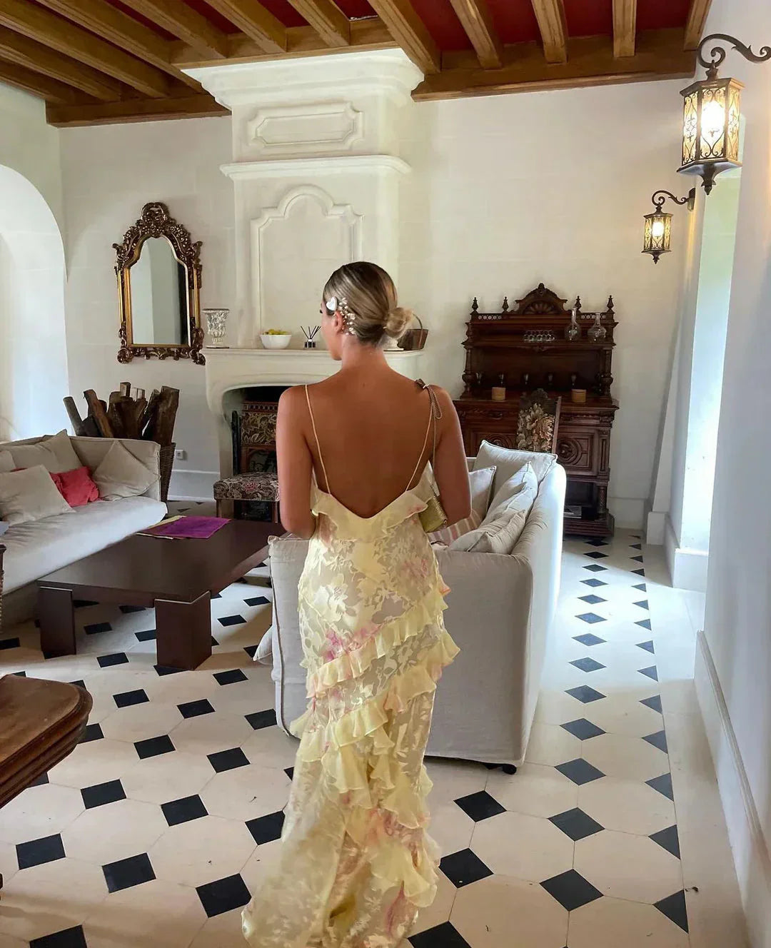 Feminine flowing ruffle maxi dress, a dreamy women's elegant gown for summer parties & special events.