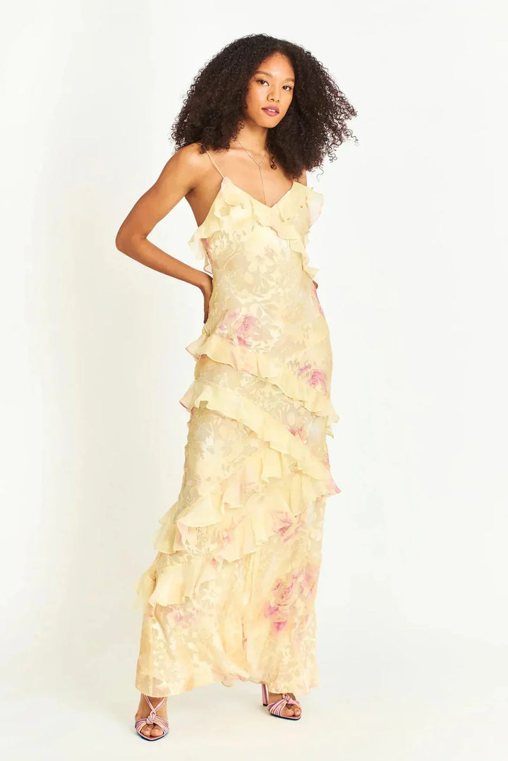 Lightweight summer ruffle maxi dress for women, offering a dreamy flowing silhouette & elegant appeal.