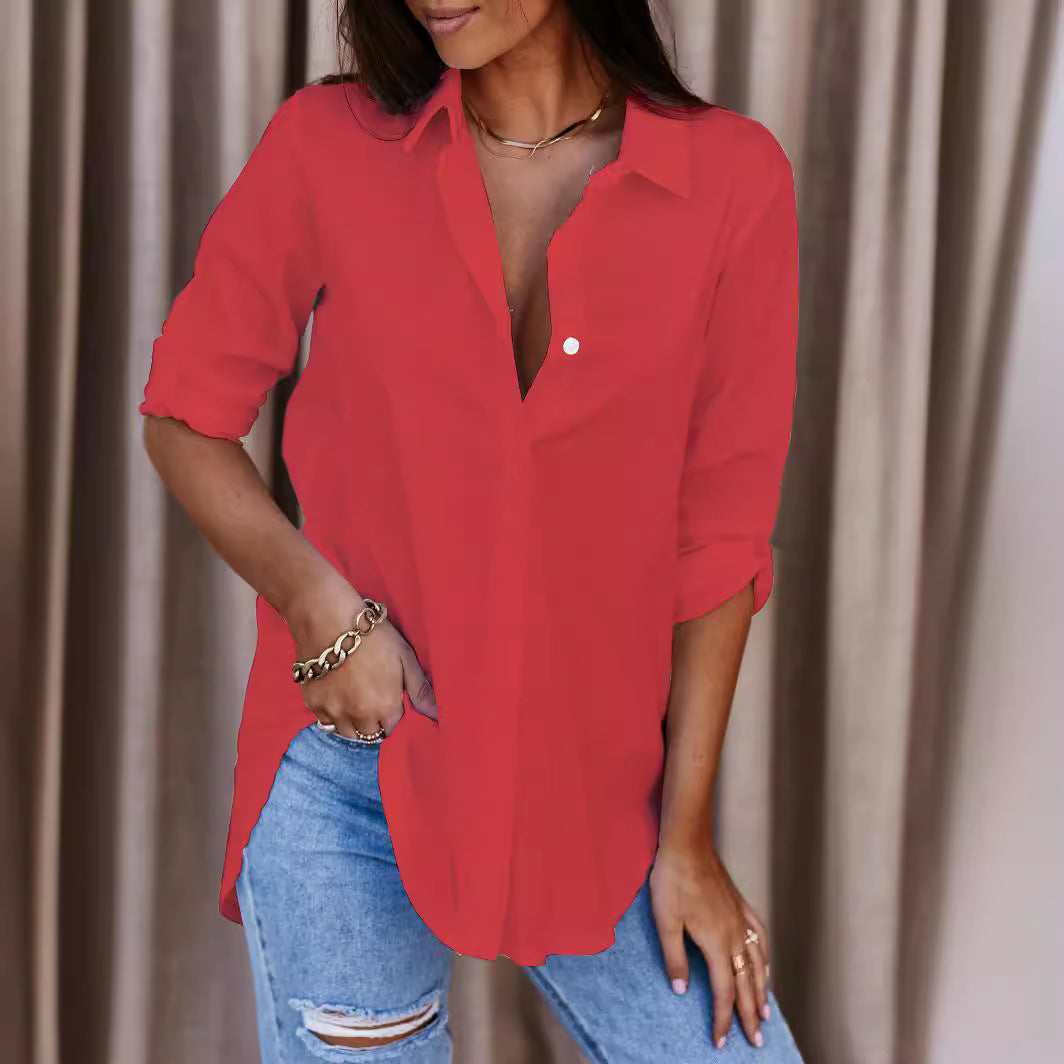 Versatile women's long-sleeve button-up blouse, ideal for chic office wear or relaxed weekend fashion.