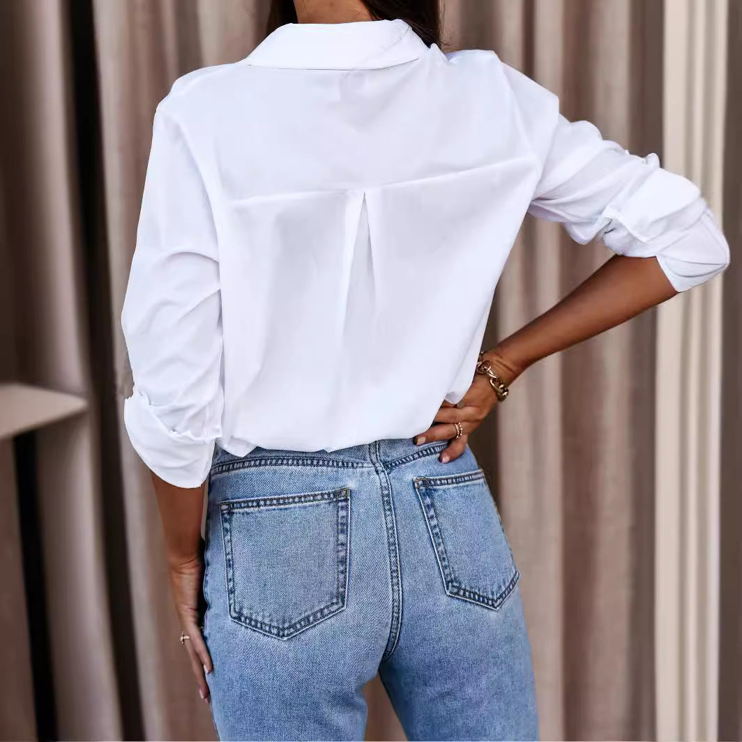 Chic women's long-sleeve button-up shirt, an effortless casual blouse for versatile ladies' fashion.