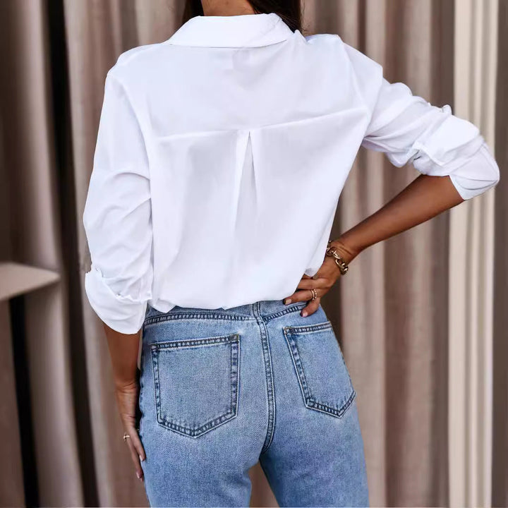 Chic women's long-sleeve button-up shirt, an effortless casual blouse for versatile ladies' fashion.