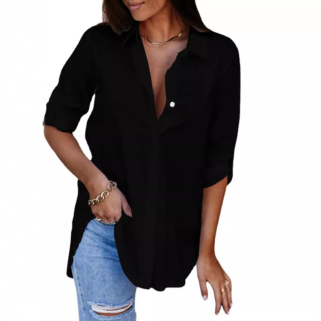 Stylish women's button-up shirt, a casual long-sleeve top for easy office and trendy weekend outfits.