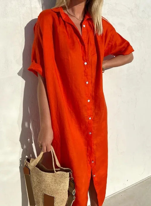 Elegant women's shirt dress, versatile for spring/summer, offering comfort and a chic, stylish look.