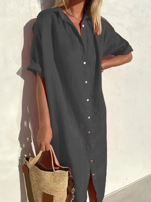 Comfortable women's shirt dress, a versatile elegant fashion piece for spring/summer casual outfits.