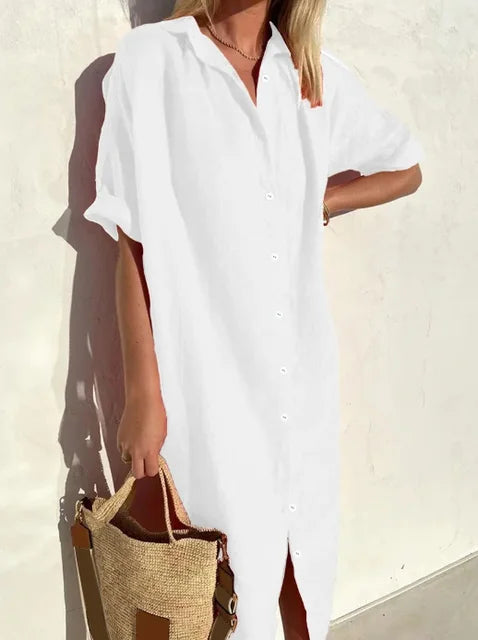 Stylish women's shirt dress, effortless chic design, perfect comfort for spring & summer fashion.