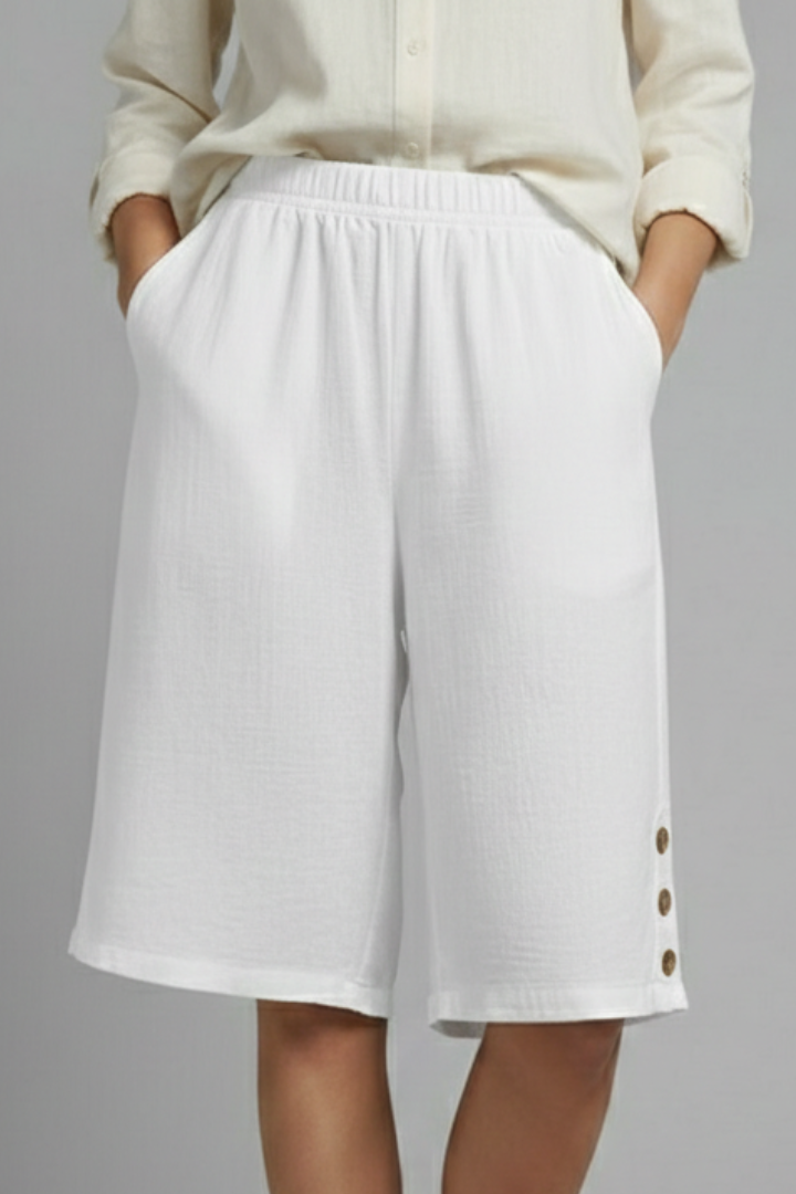 Trendy wide leg elastic waist shorts for women, featuring a row of stylish buttons, versatile look.