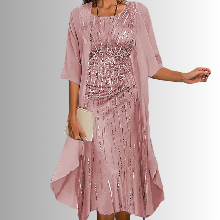 Elegant women's summer 2-piece set, a flowy blouse and dress. Ideal for events or relaxed chic.