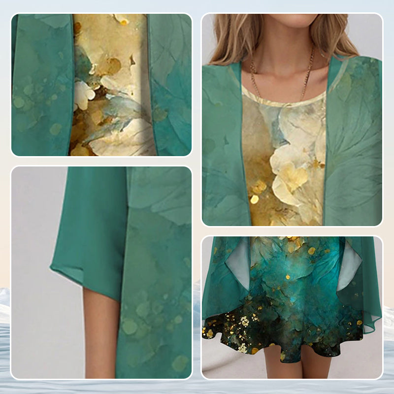 Luxurious women's 2-piece summer set. Elegant flowy blouse & matching dress for sophisticated warm-weather style.