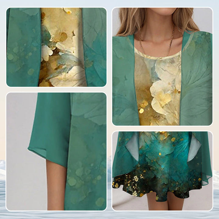 Luxurious women's 2-piece summer set. Elegant flowy blouse & matching dress for sophisticated warm-weather style.