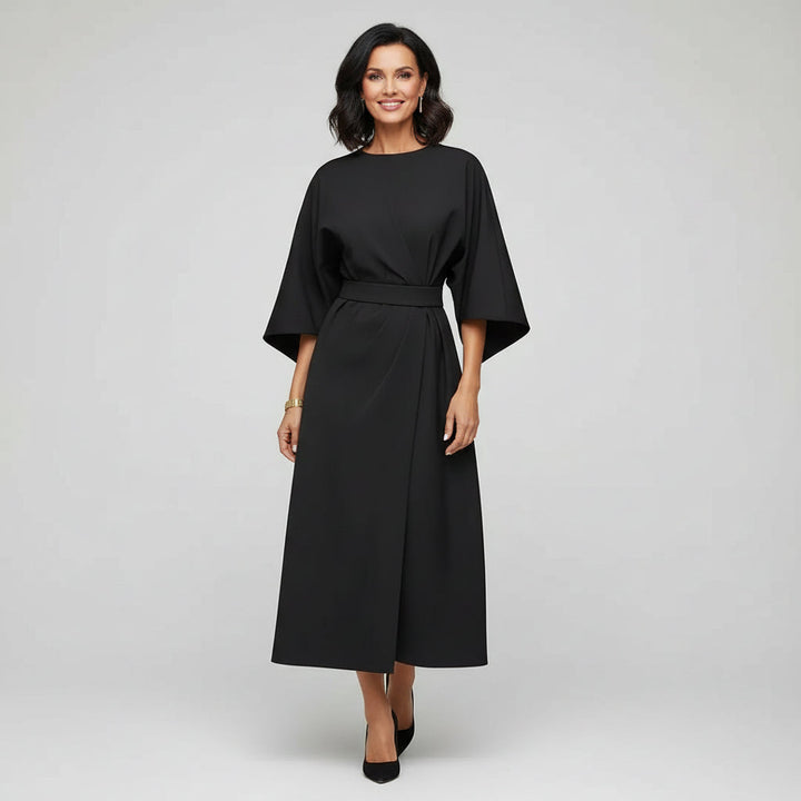 Women's elegant belted midi dress with wide flowing sleeves, perfect for smart casual spring & summer fashion.