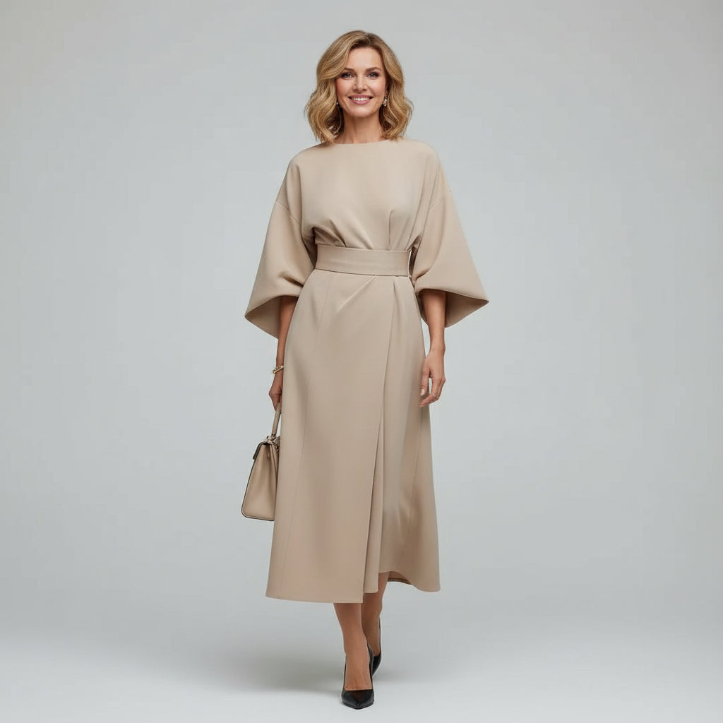 Versatile women's belted midi dress. Elegant wide flowing sleeves & flattering fit for spring/summer events.