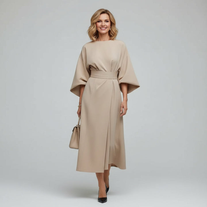 Versatile women's belted midi dress. Elegant wide flowing sleeves & flattering fit for spring/summer events.