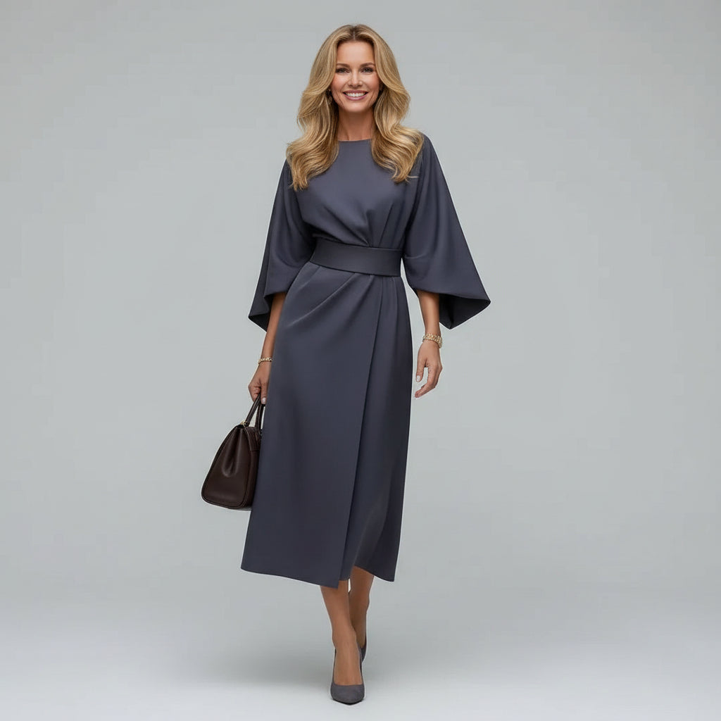 Chic women's midi dress featuring an elegant belt & stylish wide flowing sleeves. Ideal for smart casual wear.