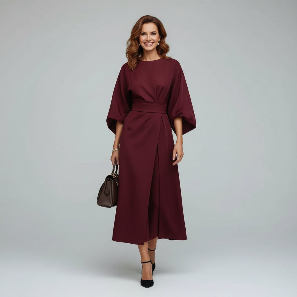 Comfortable women's elegant midi dress with a flattering belt & wide flowing sleeves. Great for summer outings.