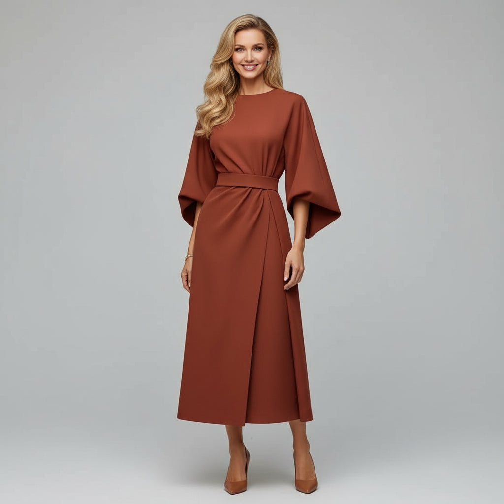 Flowing women's midi dress with an elegant belt and stylish wide sleeves. Perfect for smart casual spring outfits.