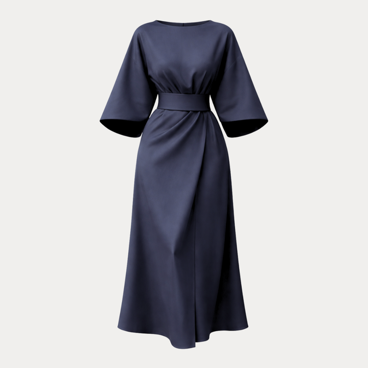Women's elegant black belted wrap midi dress with wide sleeves, work or evening.