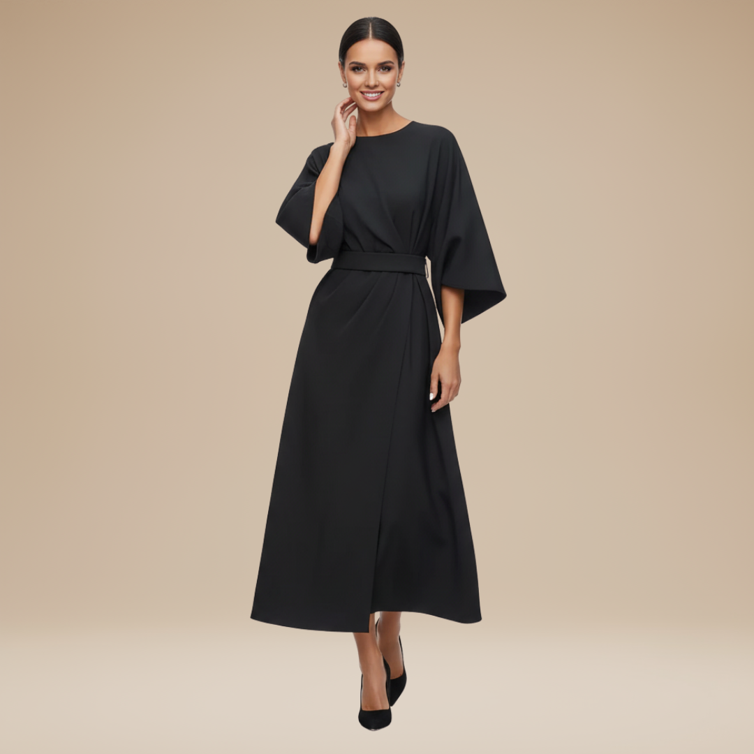 Chic women's belted wrap midi dress, long wide sleeves, perfect for evening events.