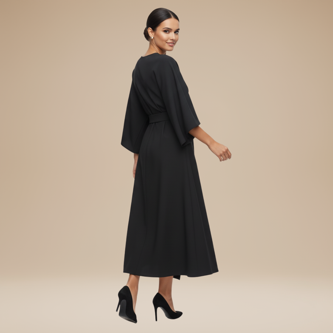Women's classic belted wrap midi dress, versatile style with wide sleeves.