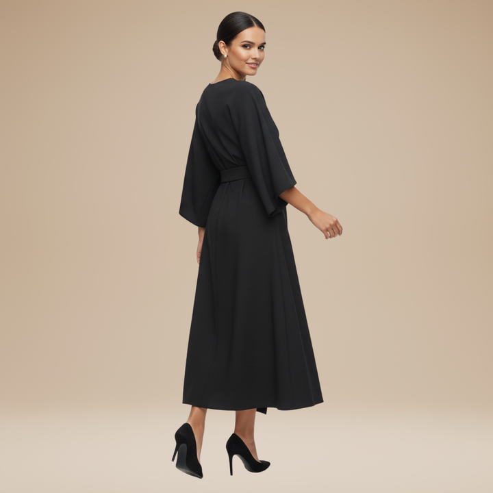 Women's classic belted wrap midi dress, versatile style with wide sleeves.