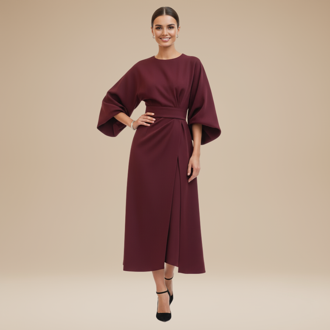 Women's tailored belted wrap midi dress, wide sleeves, for a polished look.
