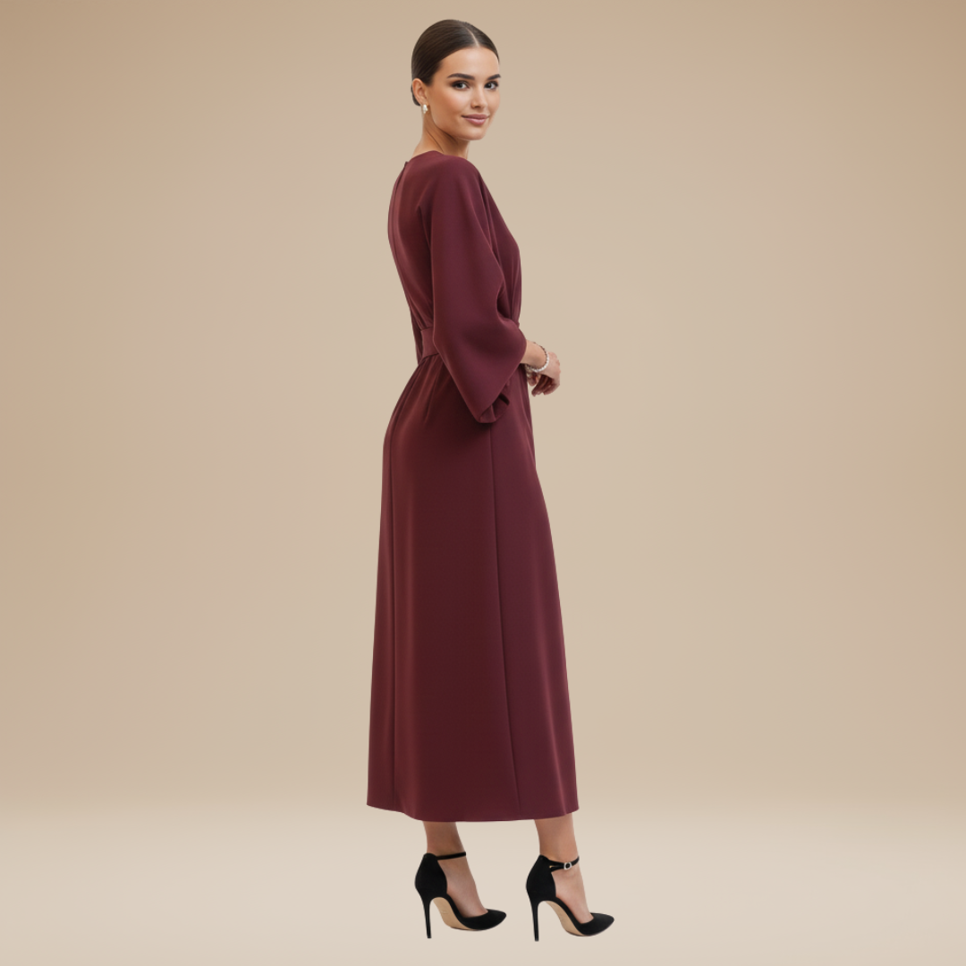Elegant women's belted wrap midi dress, soft fabric, sophisticated wide sleeves.