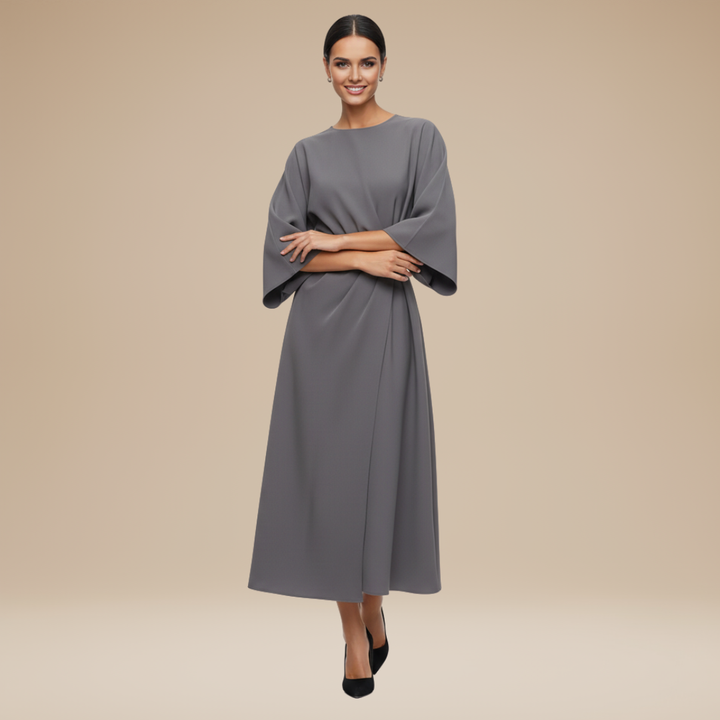 Women's versatile belted wrap midi dress, featuring wide sleeves, for any season.