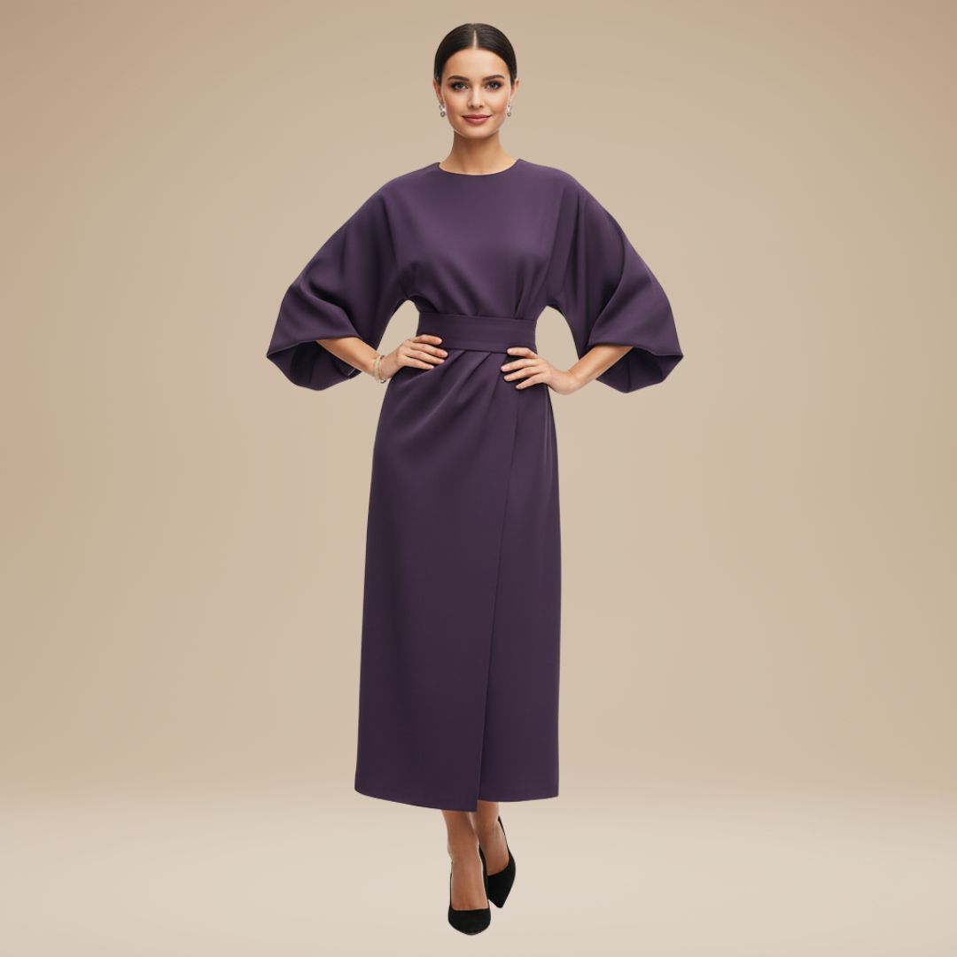 Women's workwear belted wrap midi dress, smart design, comfortable wide sleeves.
