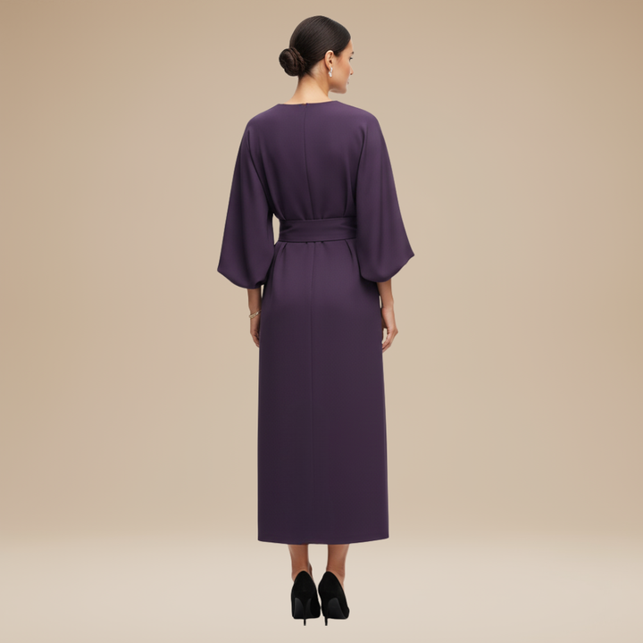 Sophisticated women's belted wrap midi dress with elegant wide sleeves and flattering fit.