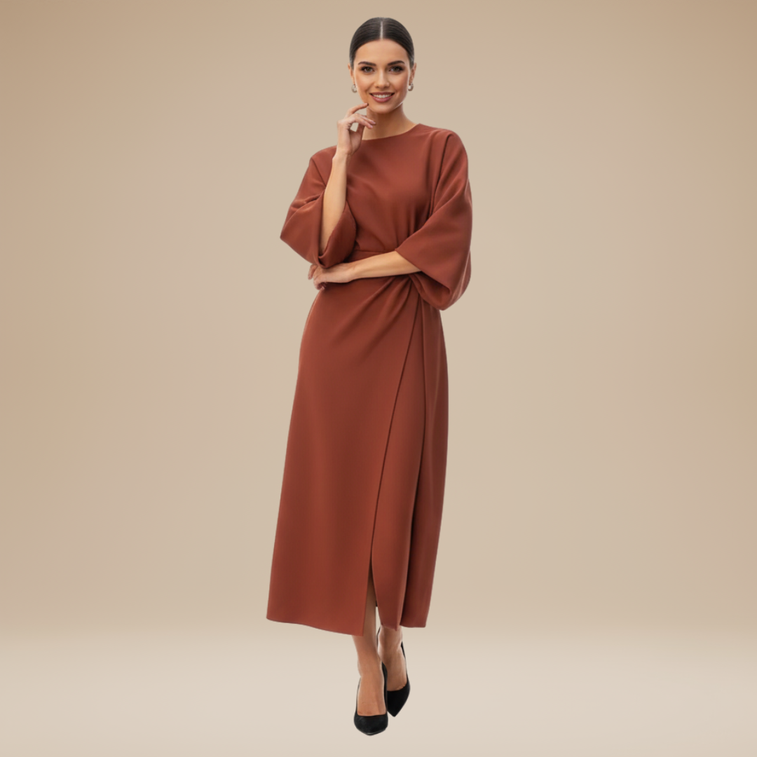 Women's timeless belted wrap midi dress, long wide sleeves, perfect for evening out.