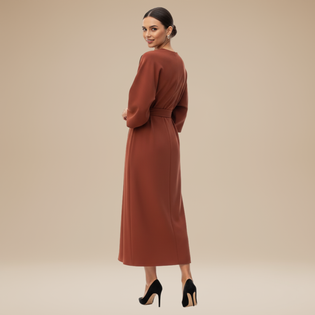 Elegant women's occasion wrap midi dress, belted, with stylish wide sleeves & graceful drape.