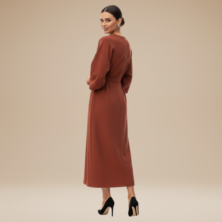 Elegant women's occasion wrap midi dress, belted, with stylish wide sleeves & graceful drape.