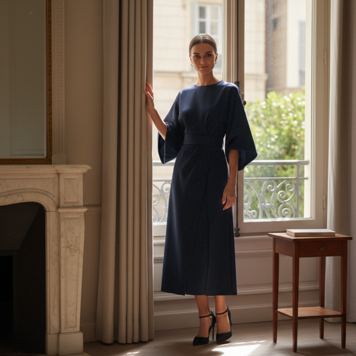 Sophisticated women's navy wrap midi dress, belted, with stylish wide sleeves.