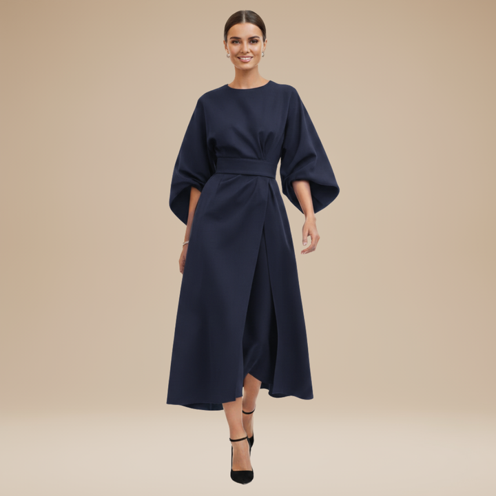 Versatile women's belted wrap midi dress, long wide sleeves, ideal for occasions.