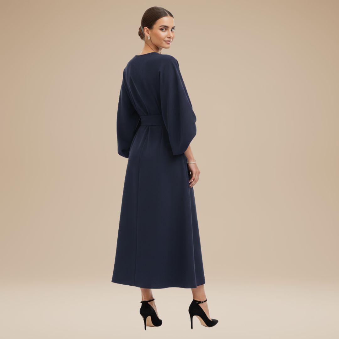 Elegant women's white belted wrap midi dress, flowy fabric, wide sleeves.