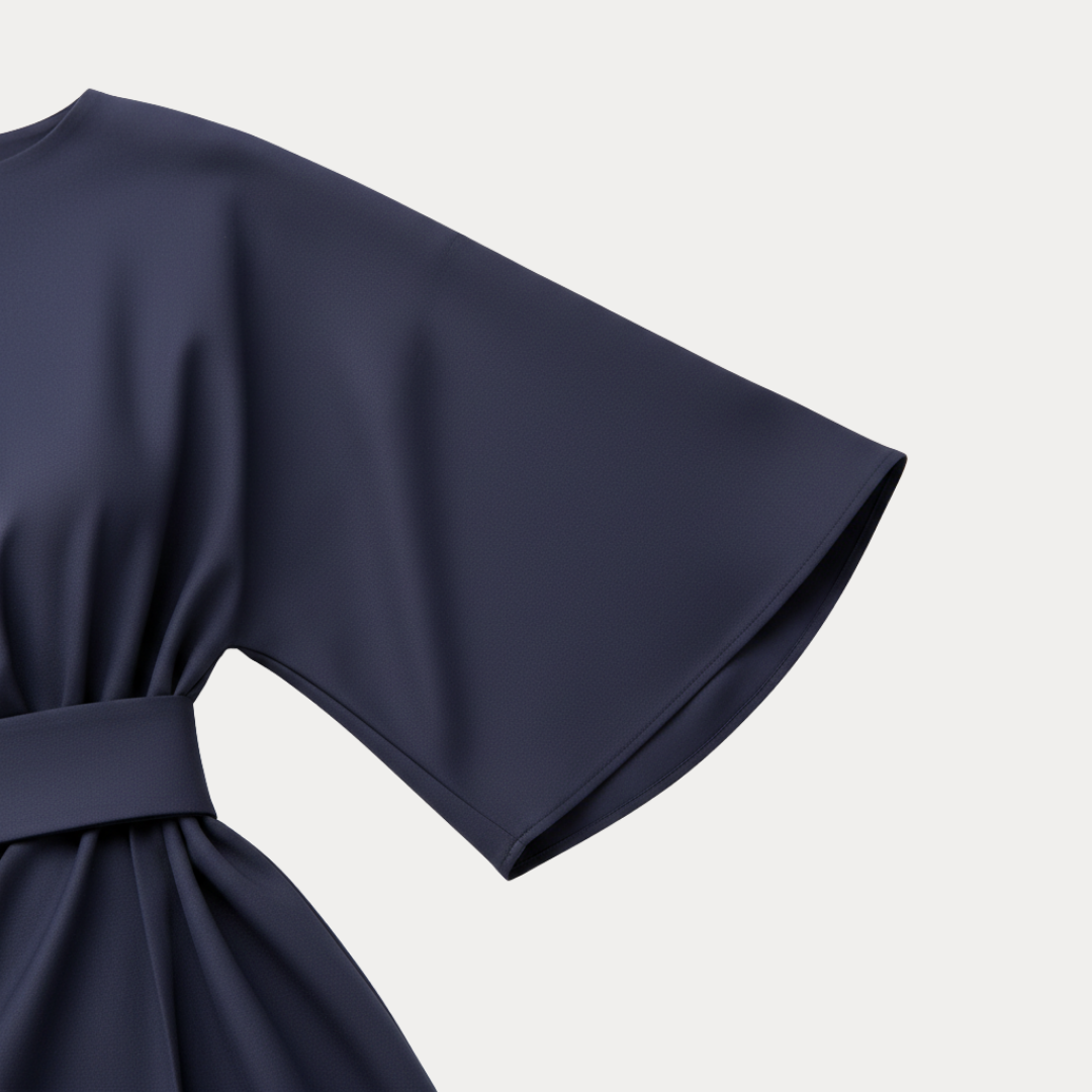 Women's professional belted wrap midi dress, wide sleeves, suitable for office.
