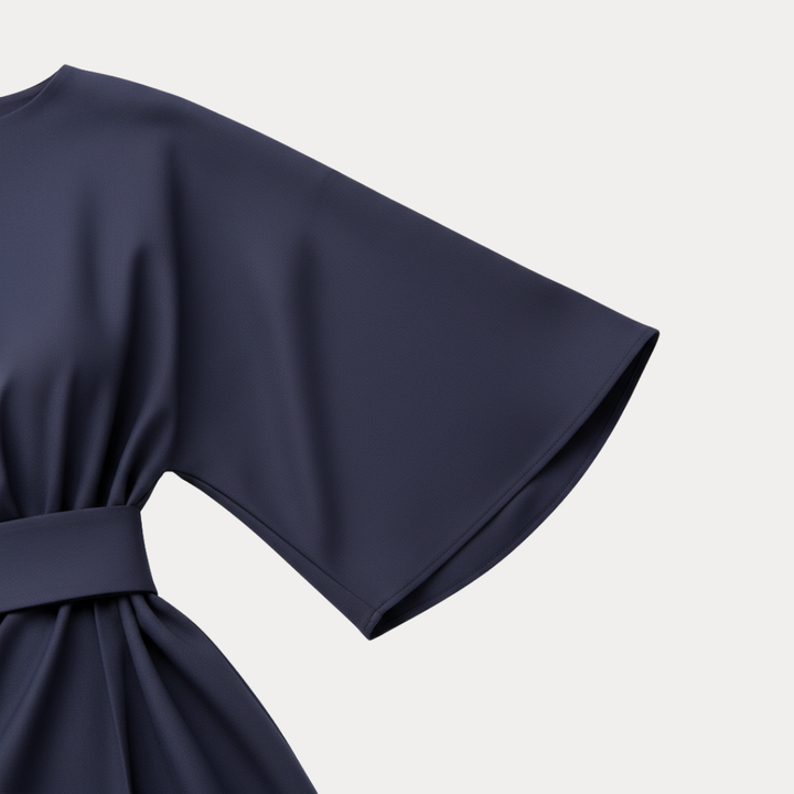 Women's professional belted wrap midi dress, wide sleeves, suitable for office.