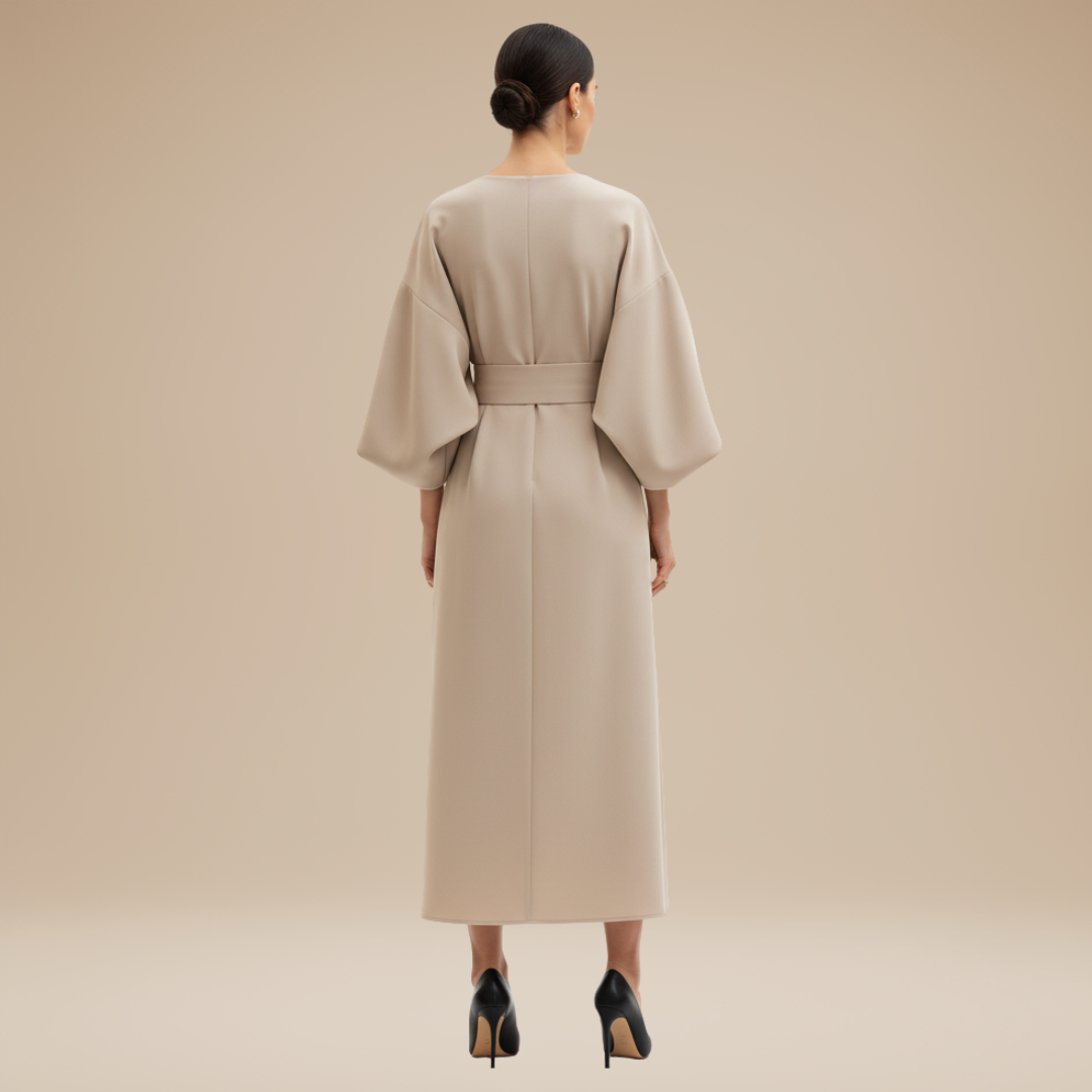 Occasion wear women's belted wrap midi dress, elegant wide sleeves, comfy fit.