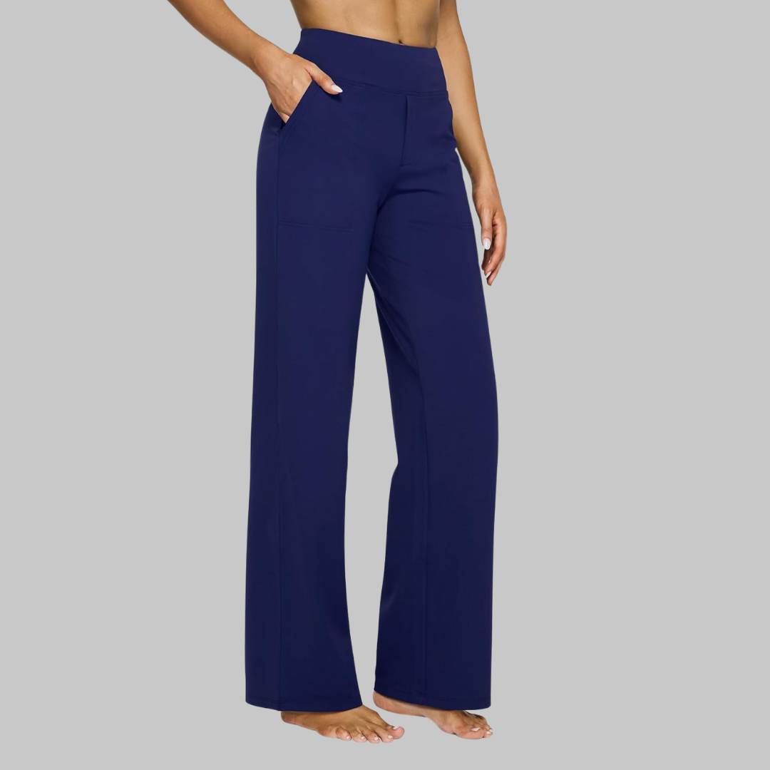 Women's elegant jersey trousers featuring a flexible elastic waist and a timeless straight leg cut.