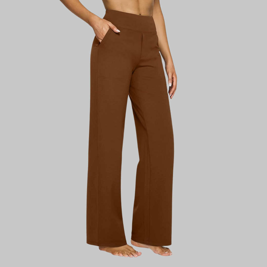 Studio shot of women's comfortable high-waisted jersey trousers, suitable for a sophisticated casual look.