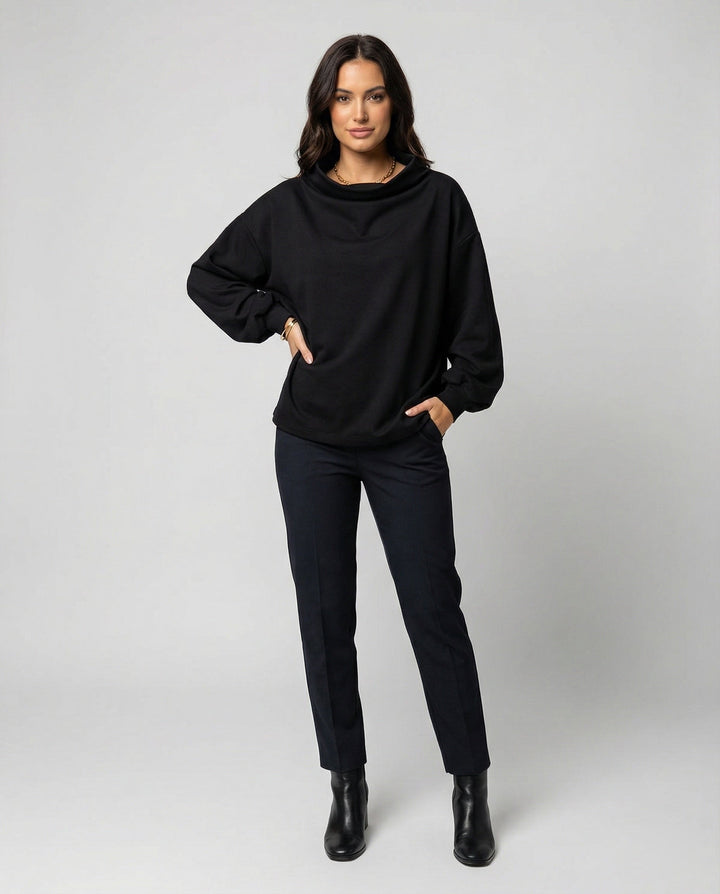 Women's elegant black knit sweater, soft & comfortable for fall/winter. Perfect versatile long sleeve top.