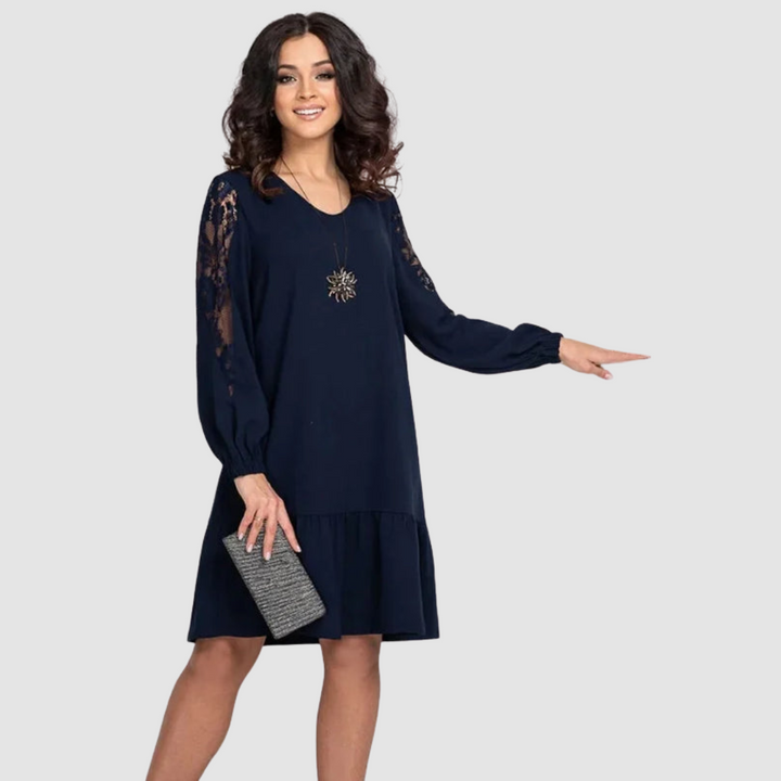 Women's elegant black lace sleeve midi dress, perfect for fall parties and special occasions.