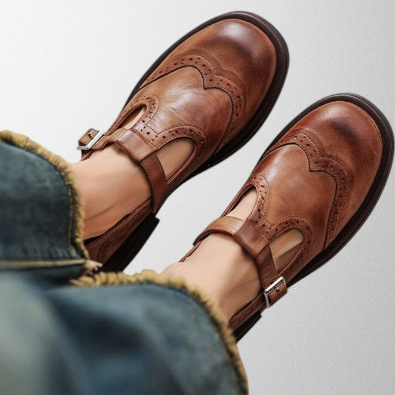 Classic brown leather loafers for women, comfortable slip-on shoes with perforated detailing, vintage style