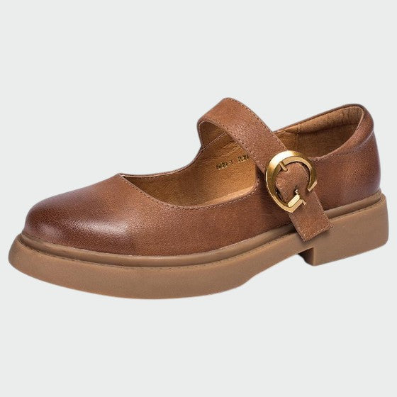 Classic women's leather Mary Jane shoes, comfortable, with a low block heel and buckle closure.