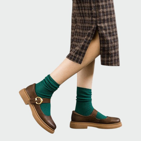 Stylish women's leather Mary Jane footwear, showcasing the classic design and comfortable fit.