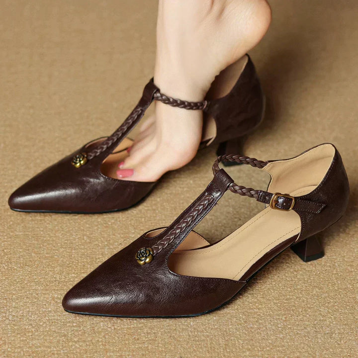 Women's elegant black leather pointed toe heeled sandals with braided strap design