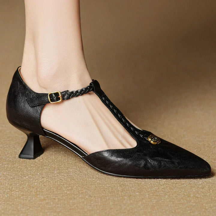 Elegant women's summer sandals - black leather, pointed toe, braided strap, comfortable heel