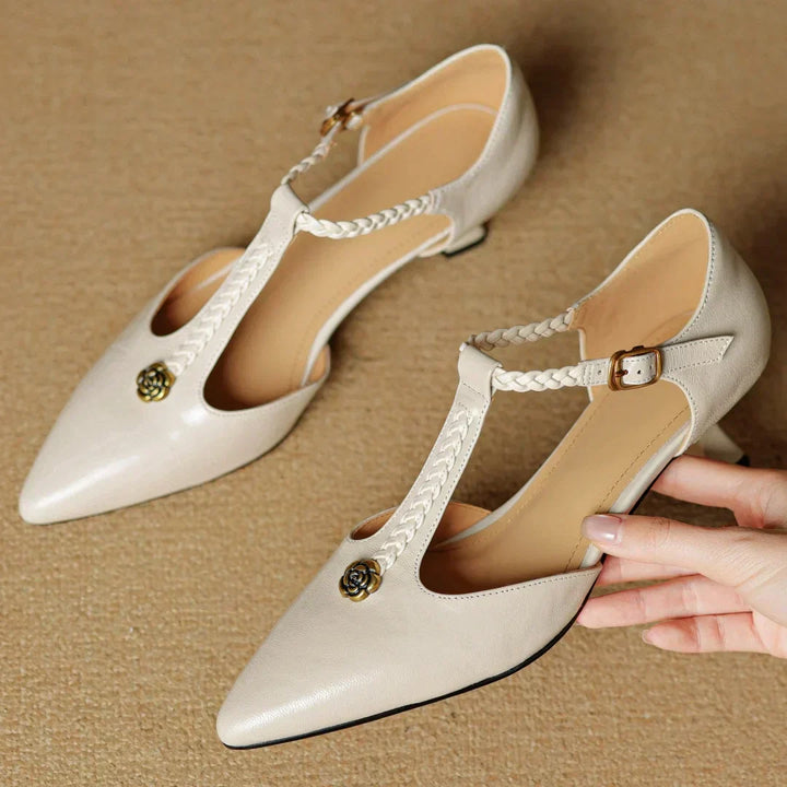 Dressy women's leather sandals, pointed close toe with beautiful braided strap and heel