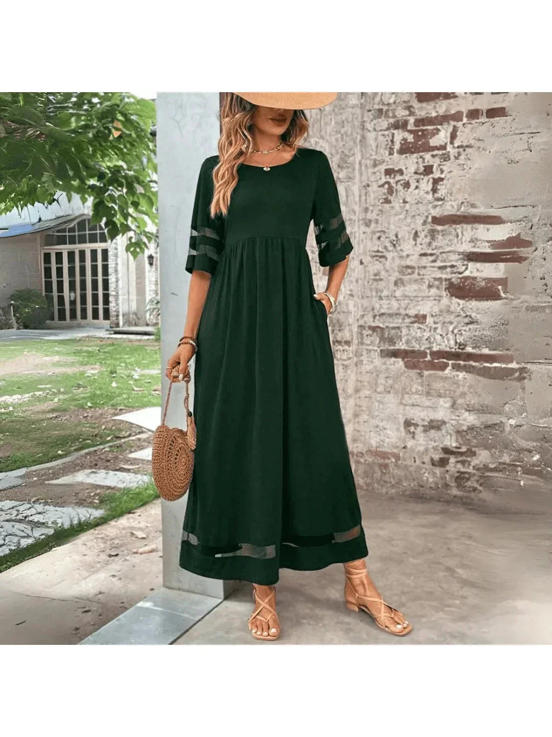 Women's Elegant Tummy Coverage Midi Dress, featuring an empire waist for a flattering and stylish fit.