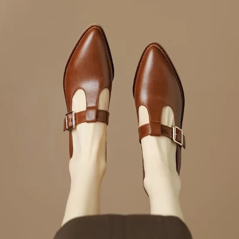 Women's elegant black pointed toe T-strap block heels. Comfortable dress shoes for special occasions.